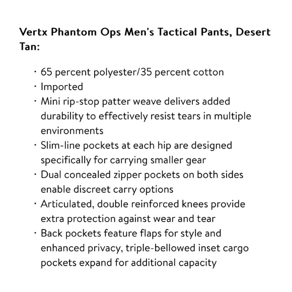 VERTX Mens Tactical Pants Desert Tan - Picture 13 of 13